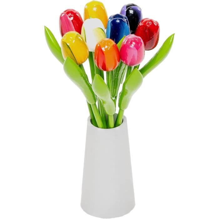 50 Tulipes En Bois Dans Panier Osier 34cm - Bouquet Peint à La Main, Décoration Florale Fabriquée Aux Pays-Bas