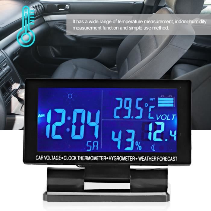 Horloge Numérique LCD Voiture - Thermomètre, Hygromètre, Météo - Rétro-éclairage Activé Par Le Son - Noir - 11