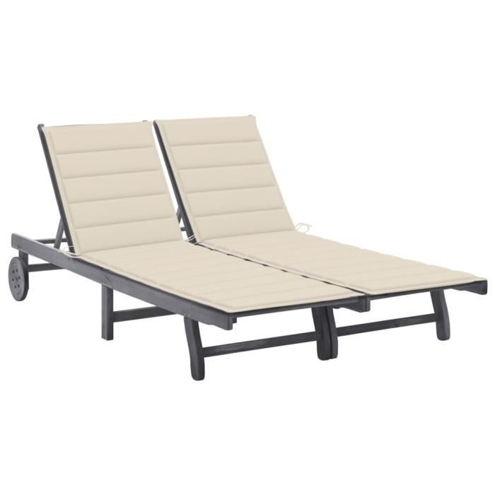 CHEZ STAR® Luxe Chaise longue de jardin 2 places avec coussin Gris Acacia Haut de gamme FR1298