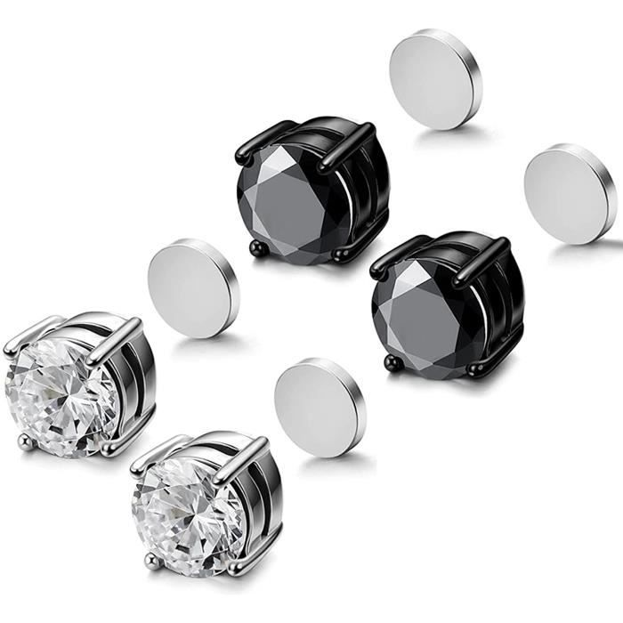 Boucles d'oreilles magnétiques en acier inoxydable - 2 paires - diamant zirconium - clip non piercing
