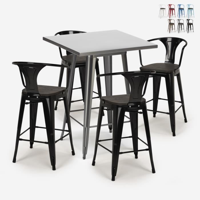 ensemble table haute industrielle 60x60cm 4 tabourets bois métal tolix bucket wood - couleur:noir
