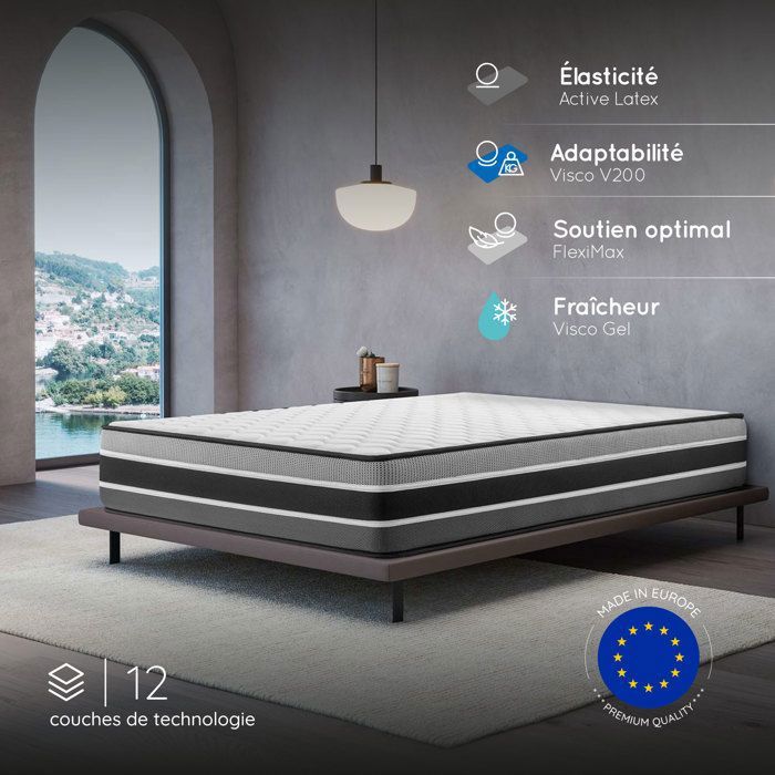 Matelas FELIS 160x200 cm-épaisseur 30 cm-Ferme-7 zones de confort en mousse mémoire adaptative-HR 35 kg-Latex-Face été-hiver