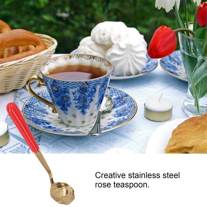 Petite cuillère à café en acier inoxydable à fleurs roses avec à