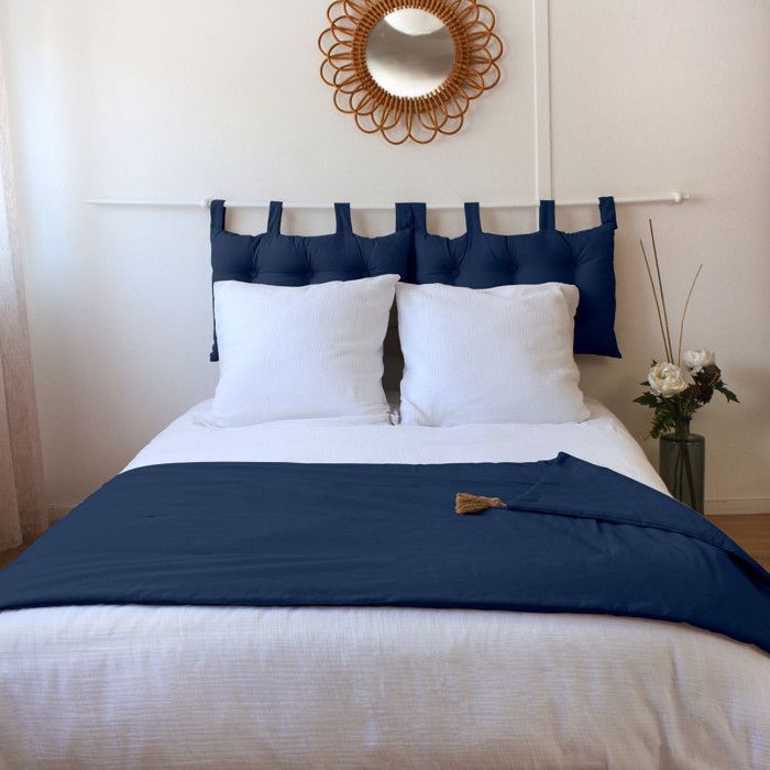 Edredon matelassé 90x190 cm Bleu marine avec 4 pompons - ENJOY HOME