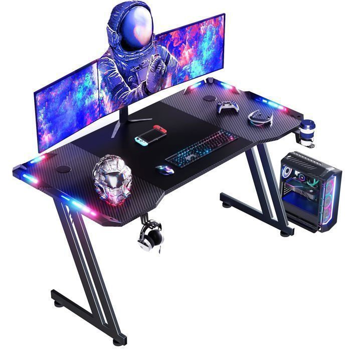 HLFURNIEU Bureau Gaming avec LED, Bureau Gamer 140 × 60 cm, Table