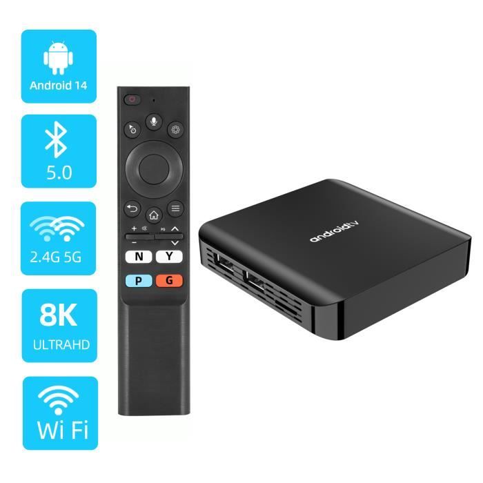 TV Box Android 14.0 – Box 4K Ultra HD, 2 Go RAM, 16 Go ROM, Wi-Fi 6, Bluetooth 5.0 – Parfait Pour Films, Séries Et Streaming