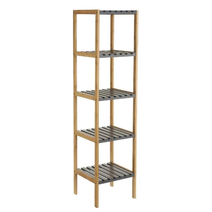 Étagère de rangement avec 5 tablette en bambou-MDF coloris naturel-gris - Longueur 34 x Profondeur 33 x Hauteur 140 cm-JUANIO