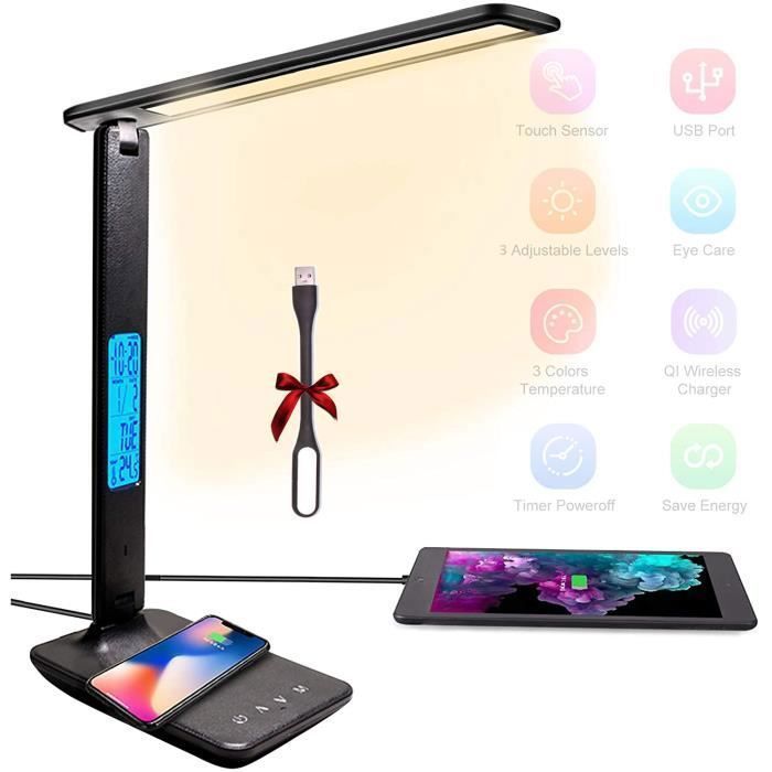 MAGICFOX Lampe de bureau LED Dimmable 3 Modes - 3 Niveaux de luminosité - Affichage LCD -Fonction de Charge sans fil - LED offert