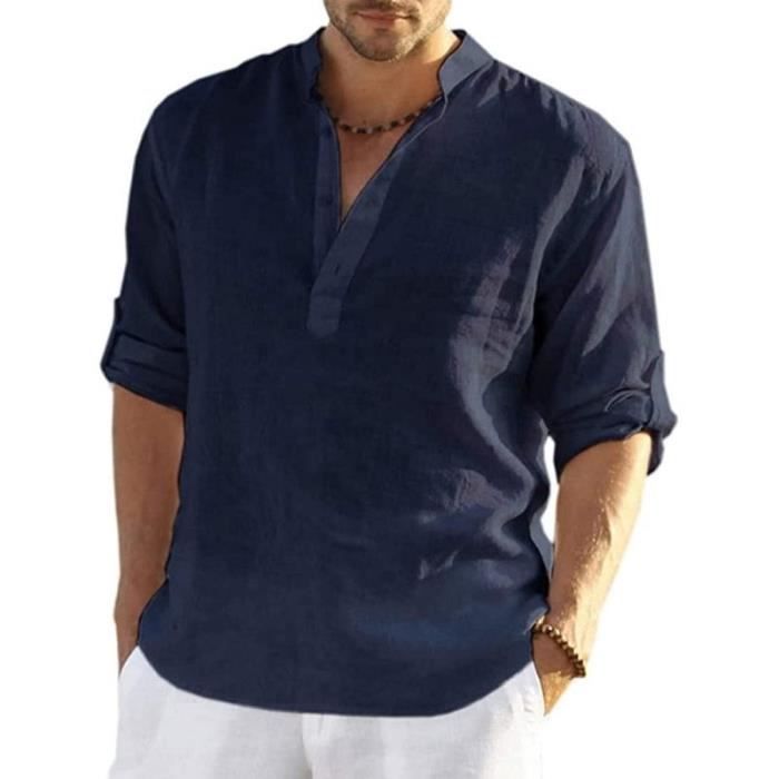 Chemise Homme Lin-coton QUEZHU - Col Mao Manches Longues - 55% Lin 45% Coton - Style Décontracté