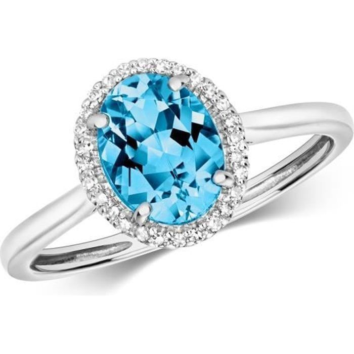 Pendentif Or Blanc 9 Carats Avec Diamant Et Topaze Bleue - 15x7mm, Neuf étiqueté