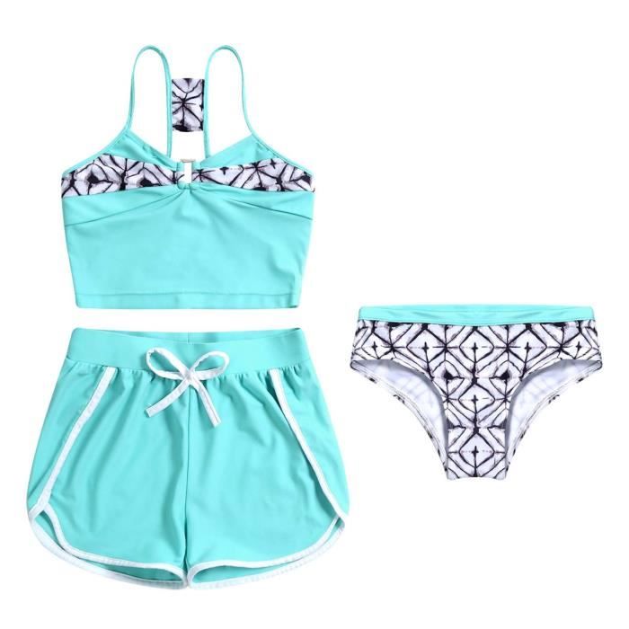 Freebily Maillots Deux Pièces Enfant Fille Maillot de Bain Tankini Floral Anti-UV Tops T-Shirt de Bain avec Bas Short de Bain Plage Costume de Natation Set 3-12 Ans