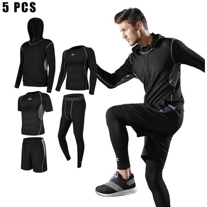 Ensemble Compression Homme Fitness Noir - 5 pcs - Running Tee Shirt Legging  Collant Jogging