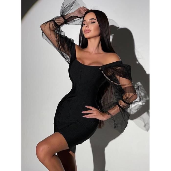 Robe Noire Moulante Femme Luxe - Taille 12 - Manches Bouffantes Mini - Neuf Sans étiquette