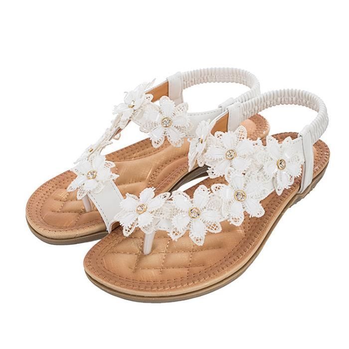 Sandales Plates Femme SANMIO - Décor Strass Et Fleurs, Cuir PU - Tongs Confortables Pour L'été - Tailles 36 à 44