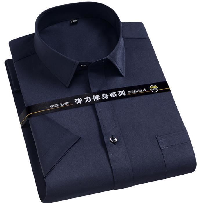 Chemise - chemisette,Chemise à manches courtes pour hommes,couleur unie,sans repassage,basique,extensible,Business- Navy Blue[F]