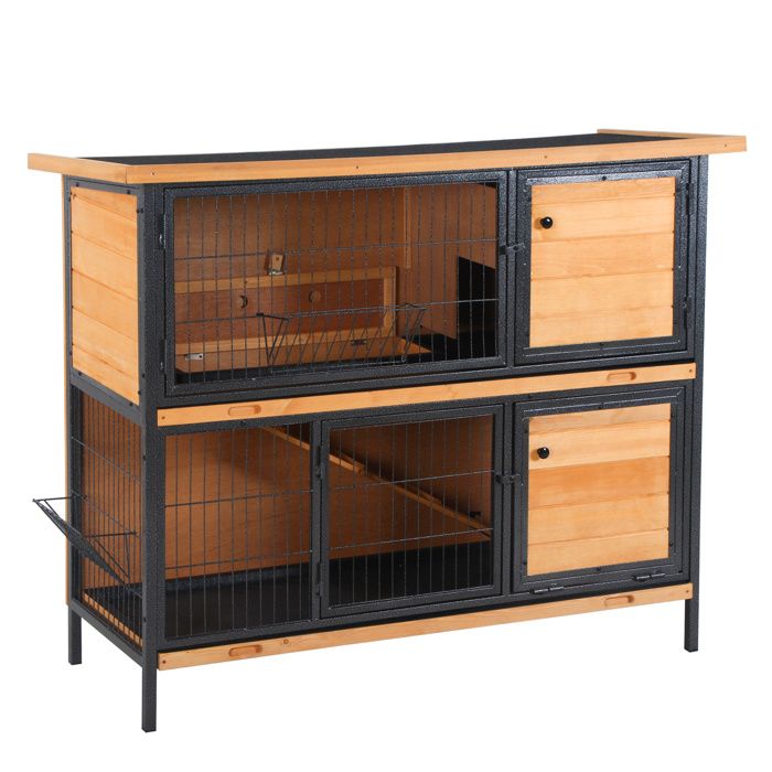 Clapier lapin extérieur - PawHut - 2 étages - toit bitumé - 4 portes verrouillables - 122 x 50 x 101 cm - bois naturel et noir