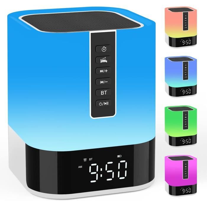 Réveil Lumineux 5 En 1 – Enceinte Bluetooth + Lampe Tactile Multicolore + Bruit Blanc Bébé + Veilleuse – Batterie 4400 MAh Longue Autonomie