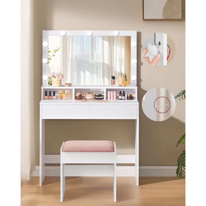 Coiffeuse avec 2 Tiroirs 3 Compartiments Ouverts et Éclairage LED Tabouret de Maquillage en Velours Blanc et Rose Bonbon