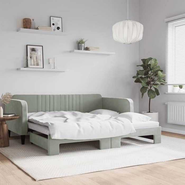 vidaXL Lit de jour avec lit gigogne gris clair 90x190 cm velours 3197076