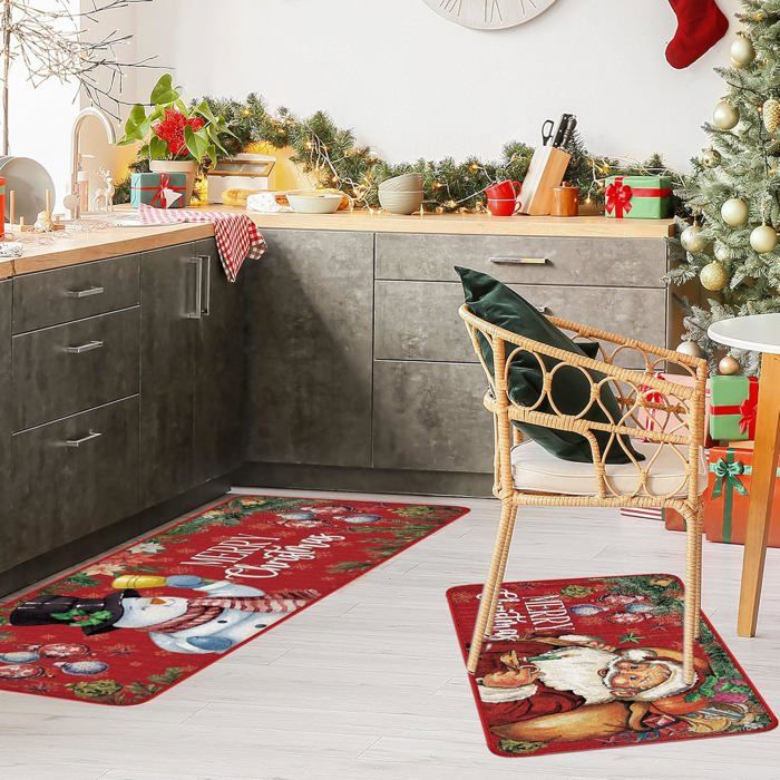 Tapis De Noël Antidérapant Cuisine & Couloir – Set 2 Tapis Lavables Motif Festif 40x120 + 40x60 Cm