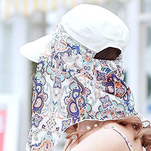 Casquette à Large Bord QCHOMEE Pour Femme - Protection Solaire Avec Foulard Détachable - Anti-UV - Pour Randonnée, Plage