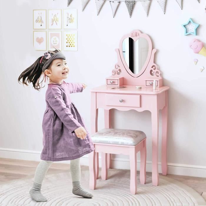 Coiffeuse Enfant Rose avec Miroir et Tabouret , pour Les Filles 3,4,5,6,7,8  Ans, Princesse Européenne Style - Cdiscount Maison