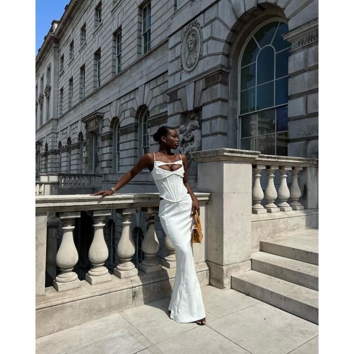 Robe Longue robe de soiree blanche pour femmes tenue de soiree elegante decoupee sans manches pour occasions WHITE D4078 Blanc Cdiscount Pret a Porter