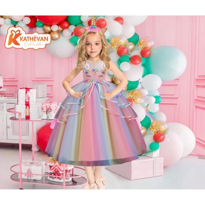 Robe Princesse Licorne Kathévan - Costume Carnaval Fête Halloween Cadeau  Noël Anniversaire Fille - Rose
