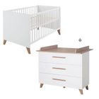 Chambre bébé duo : Lit évolutif 70 x 140 cm + commode à langer - OLE - ROBA - Chêne foncé / Blanc
