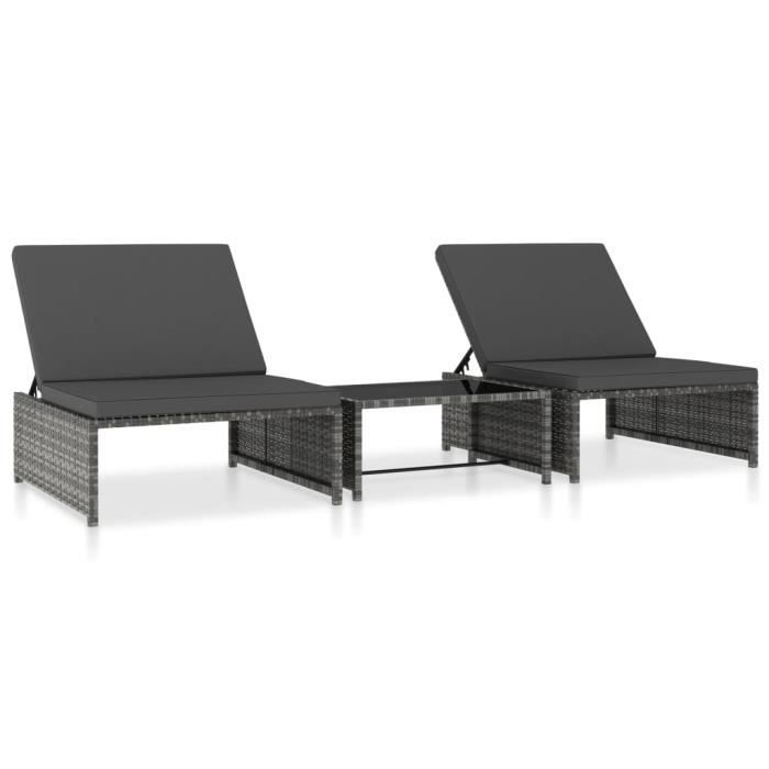 BOI® Chaises longues 2 pcs avec table Résine tressée Gris résistant à l'usure
