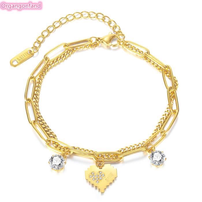 Bracelet femme -Bracelet plaqué or en acier au titane à double couche de zircon incrusté de coeur de tempérament simple