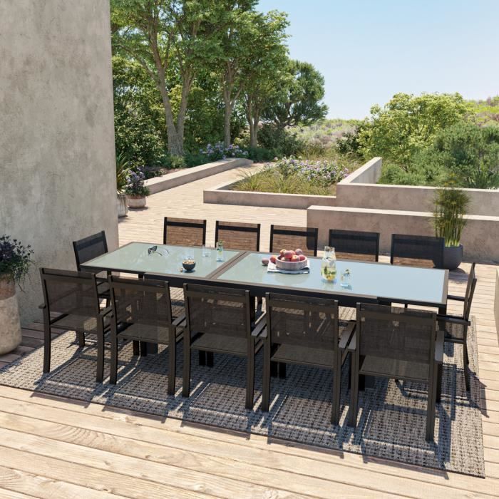 Table de jardin extensible aluminium 200/320cm + 12 fauteuils textilène Noir - HARA XXL