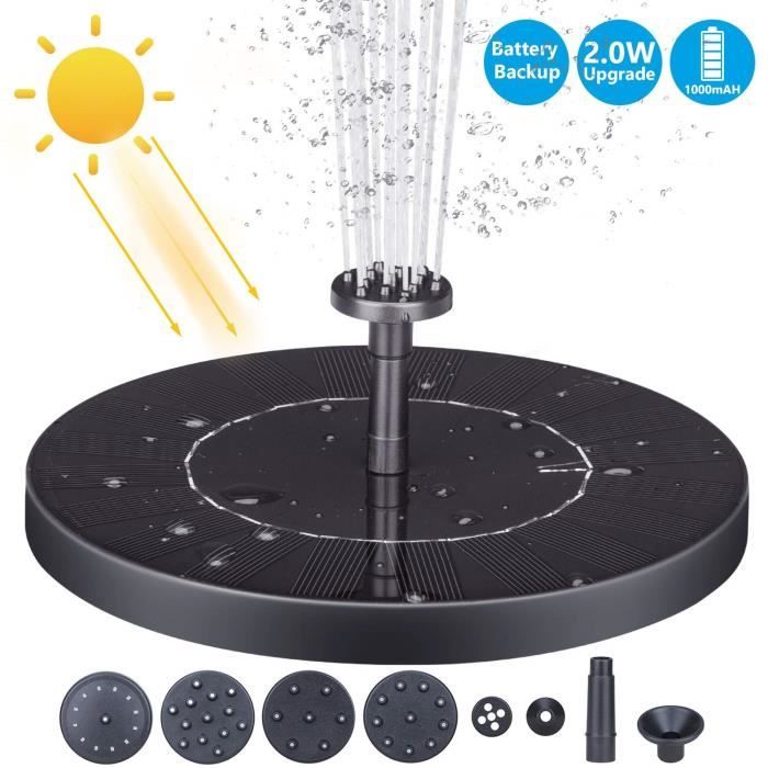 Fontaine Solaire Pompe, 2W Pompe à Eau Solaire Alimenté par Batterie Intégrée avec 6 Buses, Fontaine Flottante pour Bains d'oiseaux