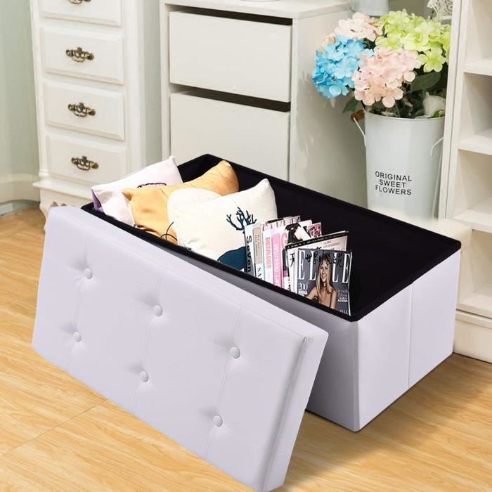 Banc Coffre Siège de Rangement Pouf Repose-pied - 109L- 76 x 38 x 38CM en Cuir de PVC Blanc Gagner de l'espace Charge max. 300KG