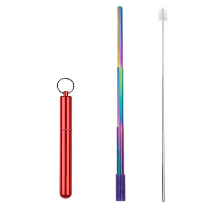 Accessoires bar,Paille pliable en acier inoxydable Avec mallette de rangement et de nettoyage portables, brosse de - Type Rouge