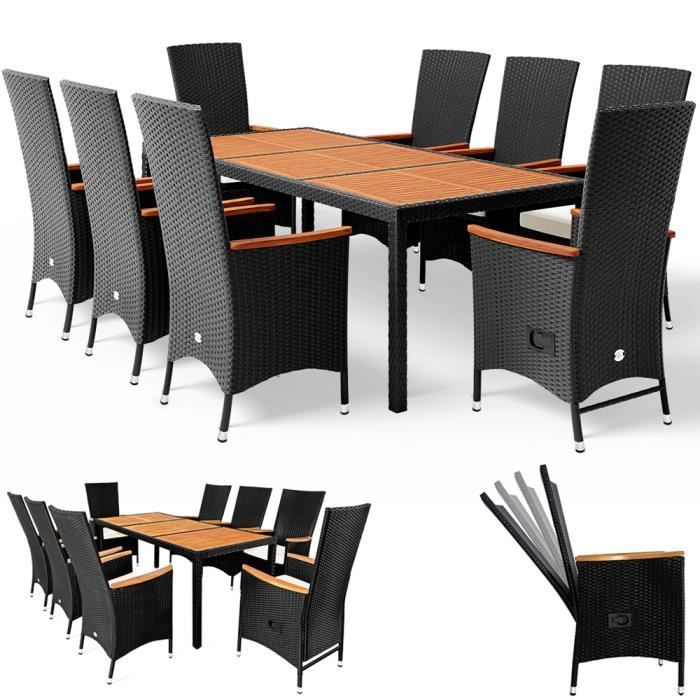 Salon de jardin Polyrotin et Bois d'acacia Ensemble 17 pcs 8 Chaises avec accoudoirs et dossier haut 1 Table 8 Coussins