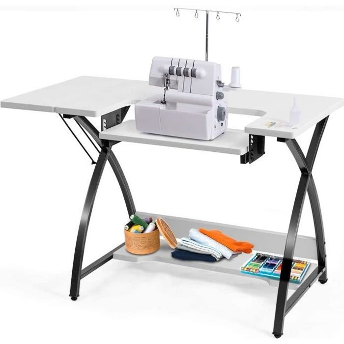 DREAMADE Table de Couture avec Plateau Réglable,Bureau d'Ordinateur avec Plate-Forme Pliable et Étagère de Rangement,pour Bureau