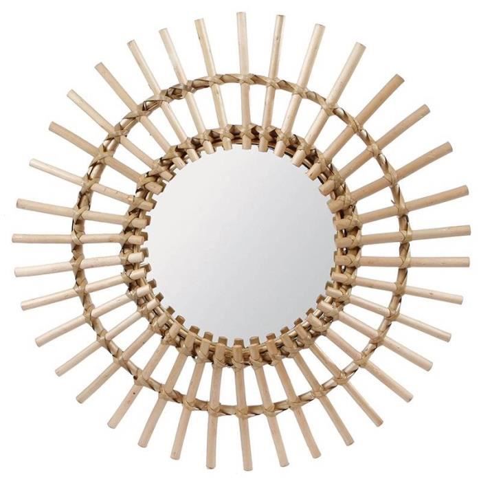Fantastique Miroir Tendance Grande Glace Décorative Ronde Design Soleil Armature Naturel en Rotin 3x65x65cm Marron