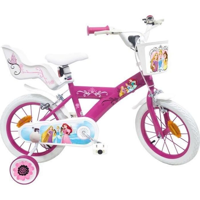 Vélo enfant 14'' Princess équipé de 2 freins, 2 Stabilisateurs, porte poupée et panier avant + pneus gonflables