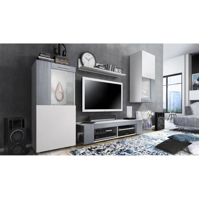 Meubles de salon en blanc et aspect avola anthracite led Blanc