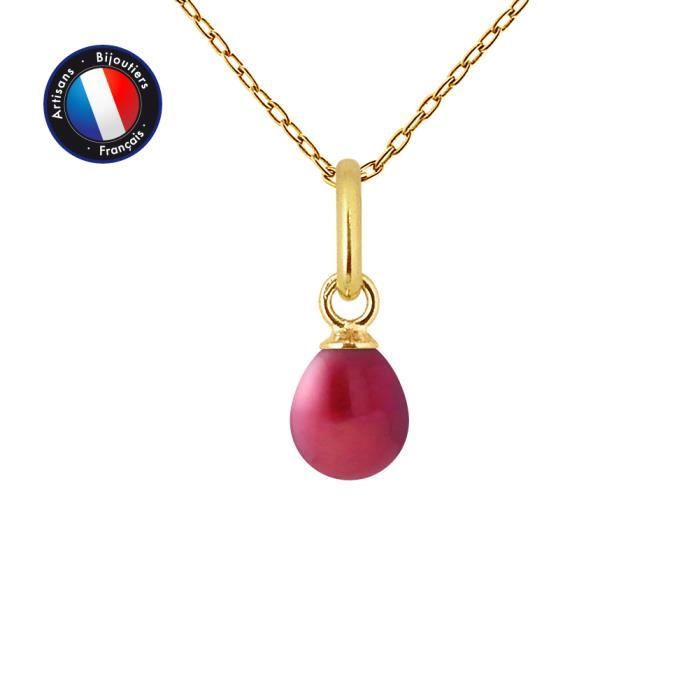 PERLINEA - Pendentif - Véritable Perle de Culture d'Eau Douce Poire 5-6 mm Rouge - Or Jaune - Chaîne Offerte - Bijoux Femme