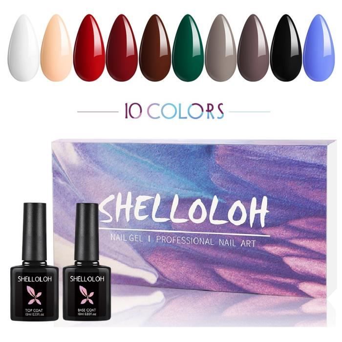 Shelloloh Nail Gel Vernis Semi Permanent Soak Off UV Gel Vernis à Ongles 12pcs 10ml(10 couleurs + Base Coat & Top Coat)