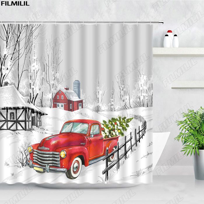 Rideau De Douche Noël 180x180 Cm – Bonhomme De Neige, Flocons & Sapin, Tissu Imperméable + 12 Crochets, Décoration Hivernale Salle De Bain