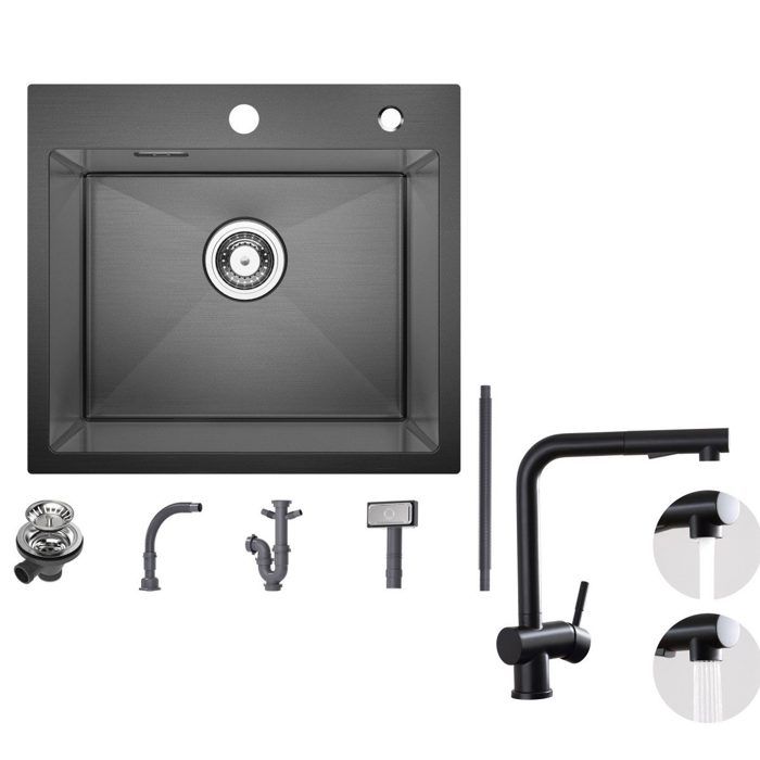 EVIER DE CUISINE 1 Bac 50×45CM inox Noir anthracite mitigeur de cuisine extractible avec 2 Fonctions douchette