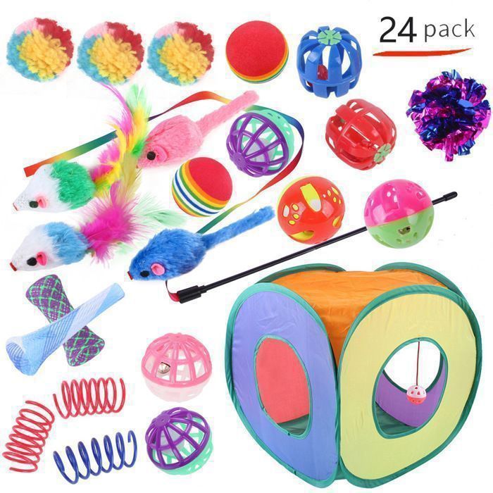 Comparer les prix de Jouets Chat 24 Pièces Jouet à Plumes pour Chat Chaton et Kitty,Kit Jouet Chats avec chambre,Balles,Plumes,Cloches,Souris et Boules