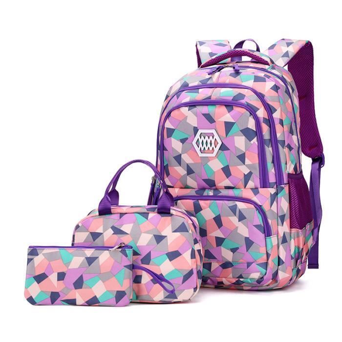 3Pcs Sac Dos Enfant Fille Cartable Fille Primaire Grand avec Sacs Lunch et Trousse Sac Scolaire Violet 33 couleurs multipl CARTABLE