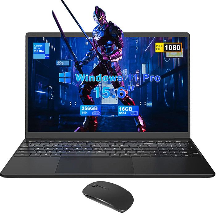 Ordinateur Portable Windows 11Pro 15.6 Pulgadas  Celeron N4000 Notebook 16GB+256GB SSD Laptop  HDMI Avec Souris Sans Fil -Noir