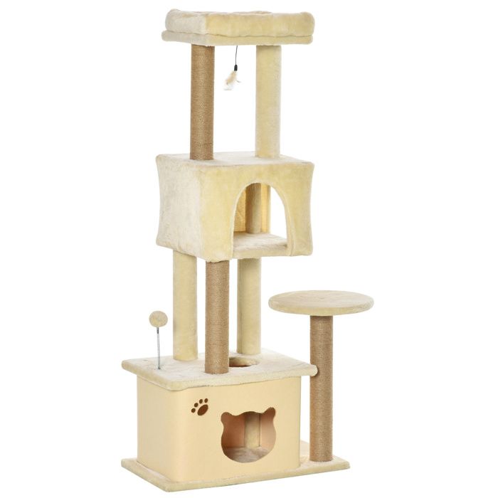Arbre à chat PawHut Grand grattoir 60x34x136 cm Arbre à chat avec boule suspendue Beige