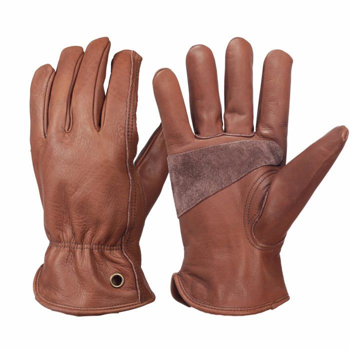 Gants de travail rétro en cuir pour la construction la cour le jardinage avec paume renforcée pour homme et femme (Marron L)