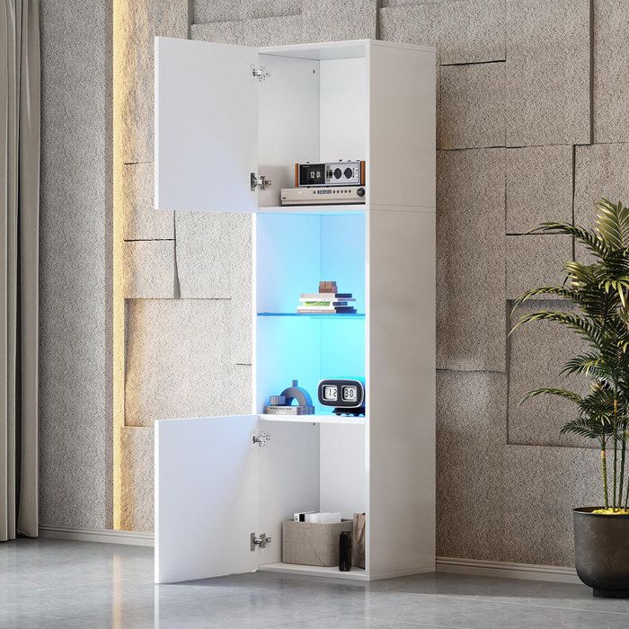 Vitrine blanche brillante avec éclairage LED 1 étagère en verre vitrines sur pied armoires hautes armoires de rangement